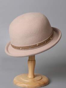 1 peça elegante chapéu de feltro de lã macia de alta qualidade com parte superior redonda e versátil para mulheres, decorado com flores de contas e acabamento em renda, aba curta da moda