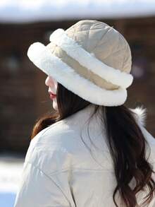 1pc Fleece Patchwork Bucket Hat, Warm Thick Windproof Earflap Beanie Suitable For Autumn And Winter Everyday Use Winter Outfits