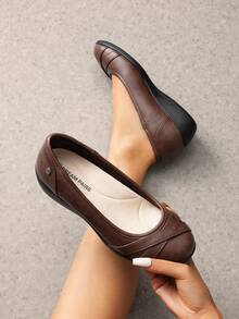 Women Wedge Flats 1.5 Inch Heel Classic Comfortable Dress Business Office Work Arch Support Ballet Flats Shoes - 棕色 - 查看 1