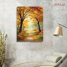 1pc 30*40cm(12*16inch) A Wood Framed Canvas, Size X, Depicting A Landscape Painting Of An Autumn Forest Path, Modern Impressionist Art In Warm Earth Tones With A Rustic Wood Frame, Detailed Autumn Decoration For Home And Kitchen, Perfect Festive Wall Painting For Holidays Such As April 7, Christmas And Halloween, Home Autumn Decoration, D Flat, D Flat, Perfect Room Decoration