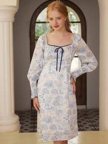 Simple Retro Women's Elegant Vintage Long Sleeve Square Neck Mid-Length Dress, Decorated With Knotted Details And Ruffle Hem - Blue - View 8