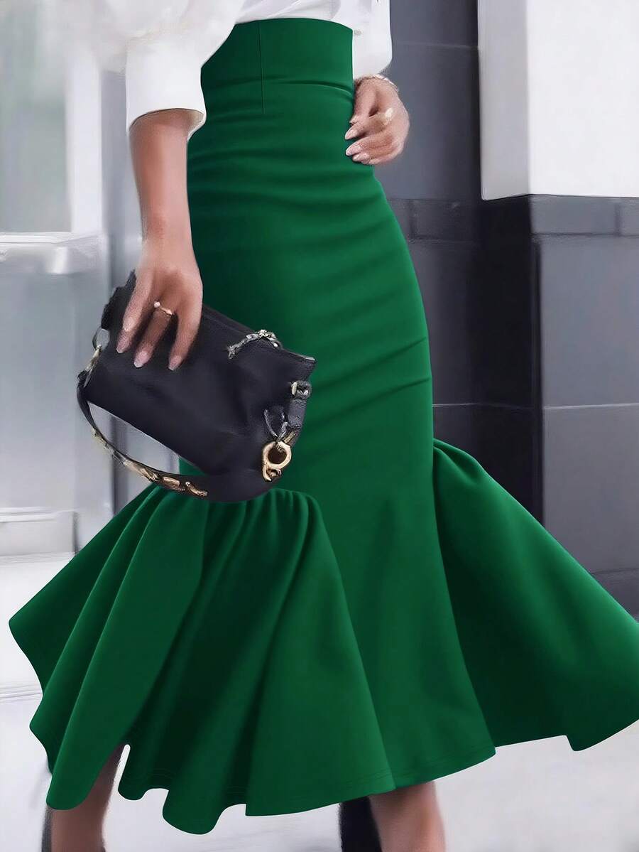 Plus Size Women's Autumn Solid Color Knit Fabric Ruffle Tie Waist Zipper Closure A-Line Skirt, Suitable For All Seasons