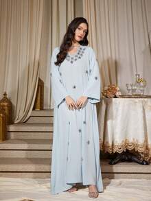 女士优雅水钻装饰 V 领宽松长袍连衣裙，长袖 - 藍色 - 查看 5