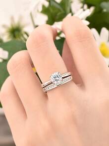 AIHUASI 2 件套优雅 925 纯银结婚戒指新娘套装女士中心石 6.5*6.5 毫米 1.0 克拉明亮圆形切割耀眼 AAAAA 方晶锆石单石承诺订婚戒指精美珠宝情人节礼物