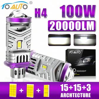 TOAUTO 2PCS H4 Bi LED Projector Lens 100W 20000LM Super Car Headlights Canbus Motocycles Dual Beam 6500K 9-16V Led Lights Plug&Play