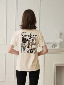 Women's Summer Cartoon And Slogan Graphic Round Neck Short Sleeved T Shirt ,Casual Loose And Versatile Holiday Style Tops,Fashionable Summer Outfits Suitable For Daily Holiday Wear,Halloween Costumes Women,Shalloween Atmosphere,Halloween Caroline And Ghost Graphic-White And Navy Off-The-Shoulder Cropped Top - 杏色 - 查看 2