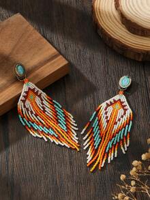 Handmade Boho Beaded Tassel Earrings, Vintage Style, Dark Vibe, White, Orange, Green Seed Bead Geometric Diamond Weave Pattern, Swaying Tassel Pendants, Metal Ear Studs, Elegant Beaded Earrings, Fashionable Accessory Suitable For Women, Vacation, Party, Casual Daily Wear, Versatile, Perfect Gift For Her