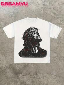 Jesus Men's Retro 220g Cotton T-Shirt, Printing Grunge Style, Street Clothes,Christianity Clothing, Large T-Shirt,  Jesus Shirt,Graphic Y2K Shirt, T-Shirt, Christian Clothes ,Gothic Pun - White - View 1