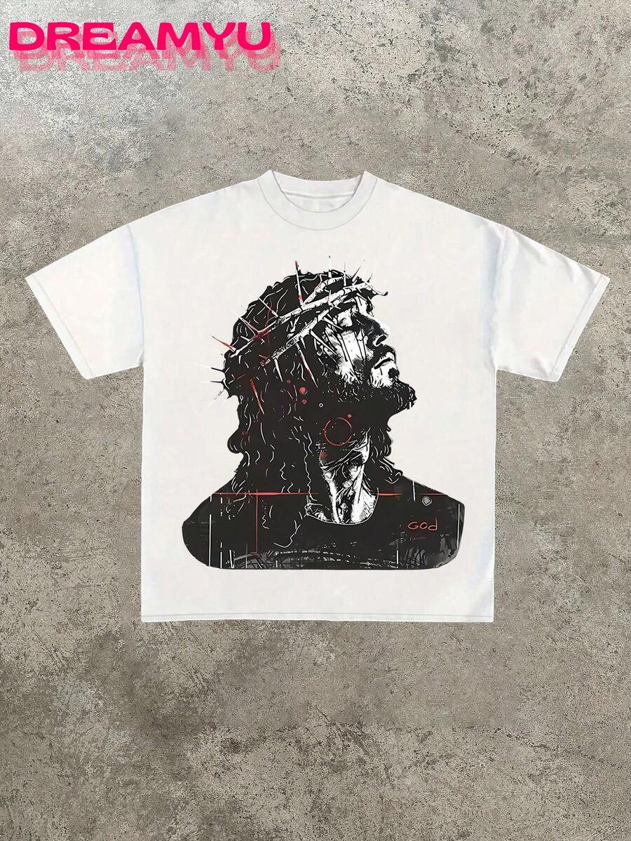 Jesus Men's Retro 220g Cotton T-Shirt, Printing Grunge Style, Street Clothes,Christianity Clothing, Large T-Shirt,  Jesus Shirt,Graphic Y2K Shirt, T-Shirt, Christian Clothes ,Gothic Pun - White - View 1