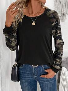 Plus Size Women Camouflage Print Batwing Sleeve Round Neck T-Shirt, Casual And Fashionable