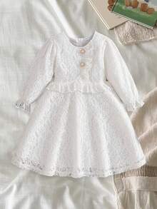 Kids Girls Lace Dress, Long Sleeve Dress Crew Neck Flower Fall Princess Dress For Daily Party - 白色 - 查看 5