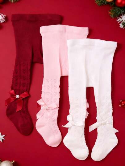 3 Pairs Baby Girls Tights With Heart & Bow Tie, Wine Red Pink White Seamless Mesh Leggings Tights, Toddler Stockings Soft Breathable Infant Pantyhose Travel Pants, Baby Essentials Daily Sports Dresser Leggings, Halloween Decorations Christmas Xmas Gift