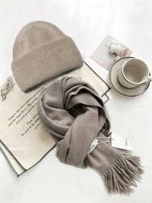 FADZOYLE 1pc/2pcs Hat & Scarf Set Solid Color Scarf Large Size Cashmere Feel Wraps Shawl For Dress Wedding And Gift Evening Dresses Travel Office, Fall Winter All Season Solid Color Knit Cuffed Beanie Hat Knitted Caps Soft Snug Outdoor Daily Use Gift Snow Ski Running Accessories