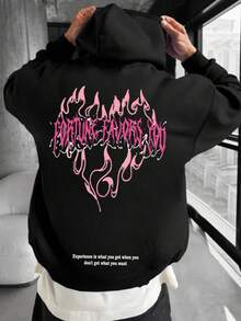 K-GLORY 男士连帽衫，休闲街头风，印有爱心和英文标语，抓绒内衬，秋冬款 - 黑色 - 查看 6