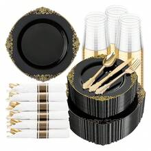 Black Plastic Plates Disposable Set - 350pc Party Supplies For 50 Guests, 10.25" Dinner & 7.5" Dessert Plates, Silverware, Cups - 如圖/E - 查看 1