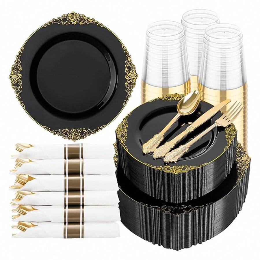 Black Plastic Plates Disposable Set - 350pc Party Supplies For 50 Guests, 10.25" Dinner & 7.5" Dessert Plates, Silverware, Cups - 如圖/E - 查看 1