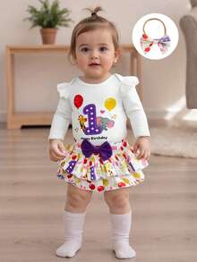 Conjunto de cumpleaños para bebé niña con pelele de manga larga con estampado de globos de animales, pantalones cortos con volantes escalonados y diadema con lazo - Blanco - Ver 3