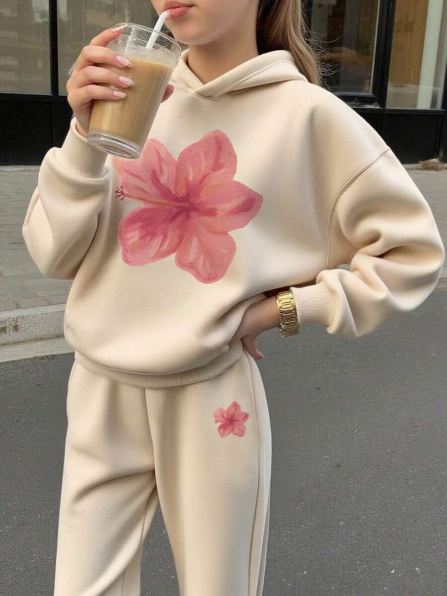 Bộ 2 áo hoodie lót nhiệt in họa tiết cho bé gái tuổi teen, áo nỉ dài tay ấm áp và quần dài cho mùa thu/đông, áo hoodie trẻ em mềm mại và thoải mái để thể hiện cá tính của bé - Màu be - Xem 1