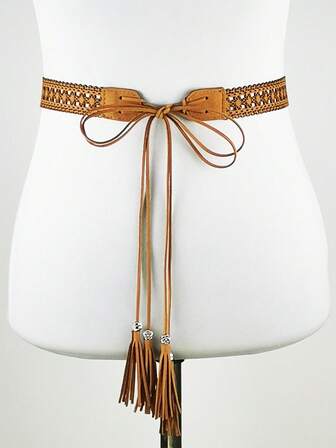 Women's Woven Hollow Out Waist Belt, Versatile Waist Cincher With Bowknot , Suitable For All Seasons