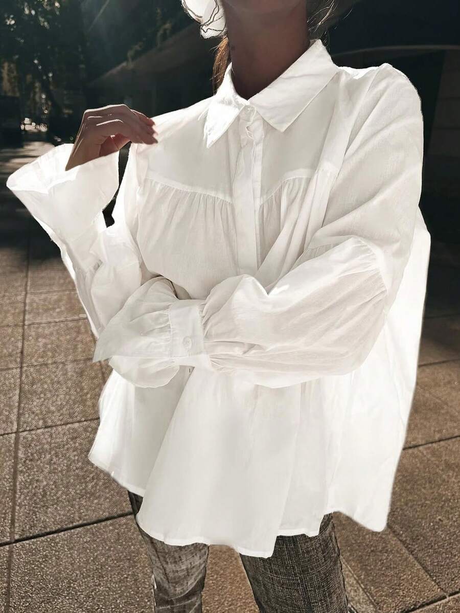 Chemise élégante à manches lanternes froncées, ourlet à volants, couleur unie, convient pour les vacances, le port quotidien, les rendez-vous, les voyages et les festivals