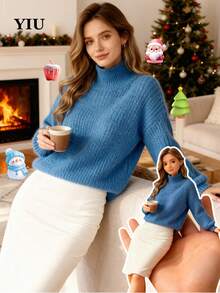 YIU Women's Fashion Blue Knit Pullover Sweater, Ribbed Knit Detail, Long Sleeve High Neck, Regular Length, Comfortable And Warm For Winter. - Blue - View 3