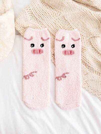1 Pair Women's Pink Cute Pig Plush Soft Mori Girl Warm Thermal Lined Short Socks, Autumn/Winter