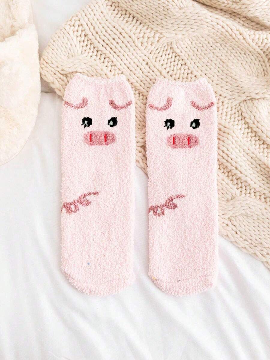 1 Pair Women's Pink Cute Pig Plush Soft Mori Girl Warm Thermal Lined Short Socks, Autumn/Winter - Pink - View 1