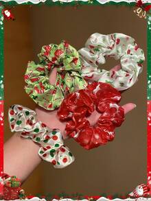 Random 10pcs New Christmas Printed Hair Scrunchies, Suitable For Daily Casual Hair Tie Ponytail Meatball Hair Rope, Christmas Dressing Atmosphere, Gifts For Girlfriends Hair Accessories - Multicolor - View 5