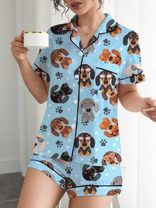 2 件套女士睡衣套装，可爱的腊肠犬印花，柔软的面料，适合节日派对的睡衣，舒适的短袖领扣衬衫和松紧腰短裤，时尚休闲装，适合户外和室内穿着，四季皆宜 - 淺藍色 - 查看 3