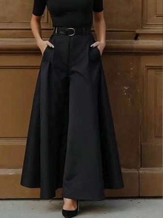 Pantalones anchos elegantes para mujer, de tela tejida de unicolor con bolsillos, adecuados para la oficina y el uso diario, primavera/verano/otoño