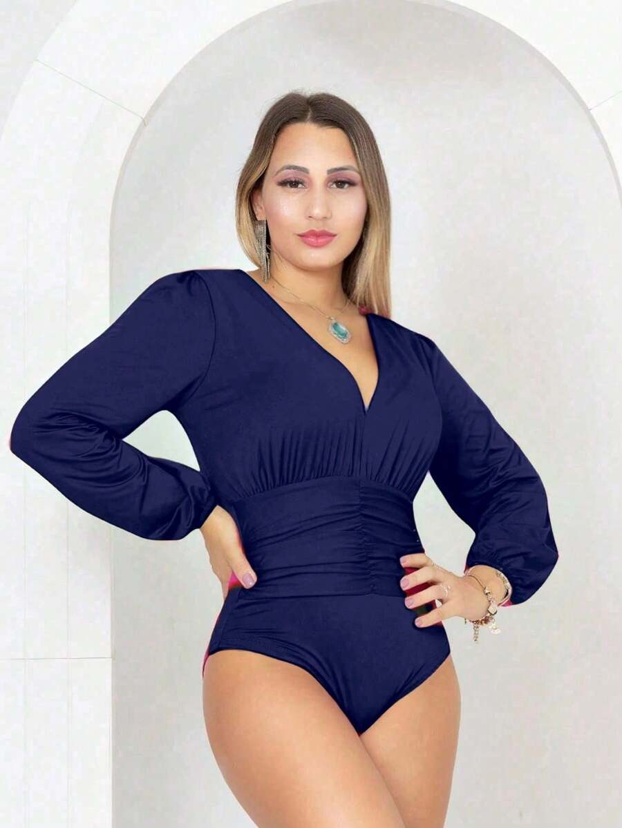 Long Sleeve Bodysuit With Abdomen Detail - Navy Blue - View 1