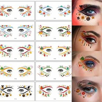 10pcs Spice Up Your Christmas Look With These Charming Christmas Eye Corner Tattoos. Featuring A Variety Of Festive Designs Like Christmas Bells, Trees, And Gifts, These Stickers Are The Perfect Way To Add A Touch Of Holiday Cheer Around Your Eyes. They're Easy To Apply, Allowing You To Quickly Transform Your Makeup Into A Christmas - Themed Masterpiece. Ideal For Christmas Parties, Holiday Events