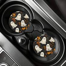 2 件套万圣节鬼魂图案汽车杯垫，用于杯架，2.8 英寸圆形装饰性汽车杯垫，时尚的杯架配件，可保持您的汽车杯架清洁干燥，适用于家庭杯垫和汽车水杯杯垫，适合节日和生日礼物 - 車杯墊 - 查看 2