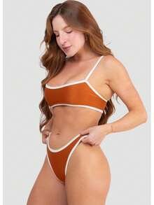 Bravaa Store Women's Two-Tone Ribbed Bikini With Cropped Top And G-String Thong, Lycra 340 Lined - 駝色 - 查看 1