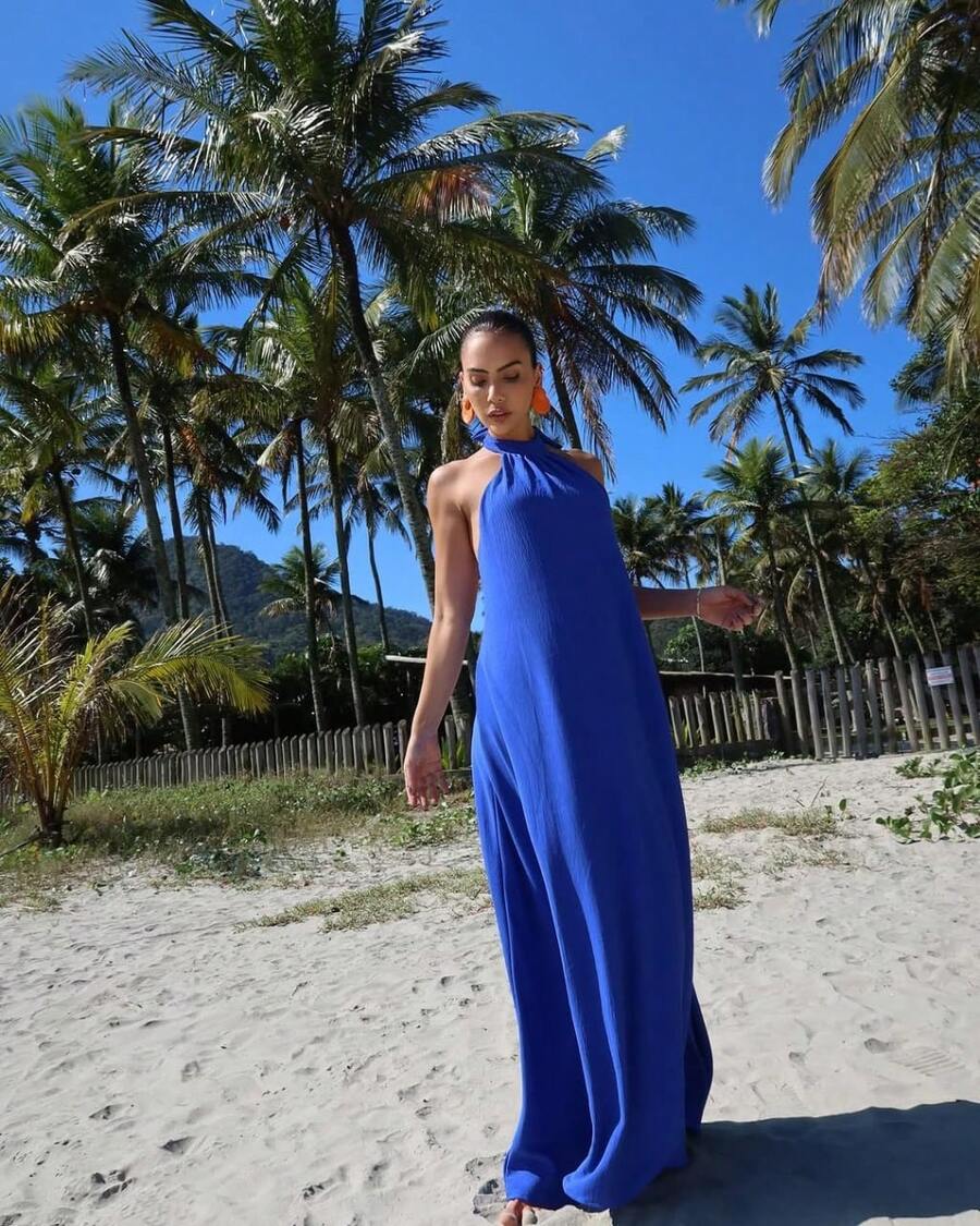 Women's Long Backless Simple Beach Dress None Fabric Backless / Backless Ruffled 019 Wedding Evening Beach Home Office Formal & Evening Travel Daily Birthday Party Summer - Màu xanh lam - Xem 1