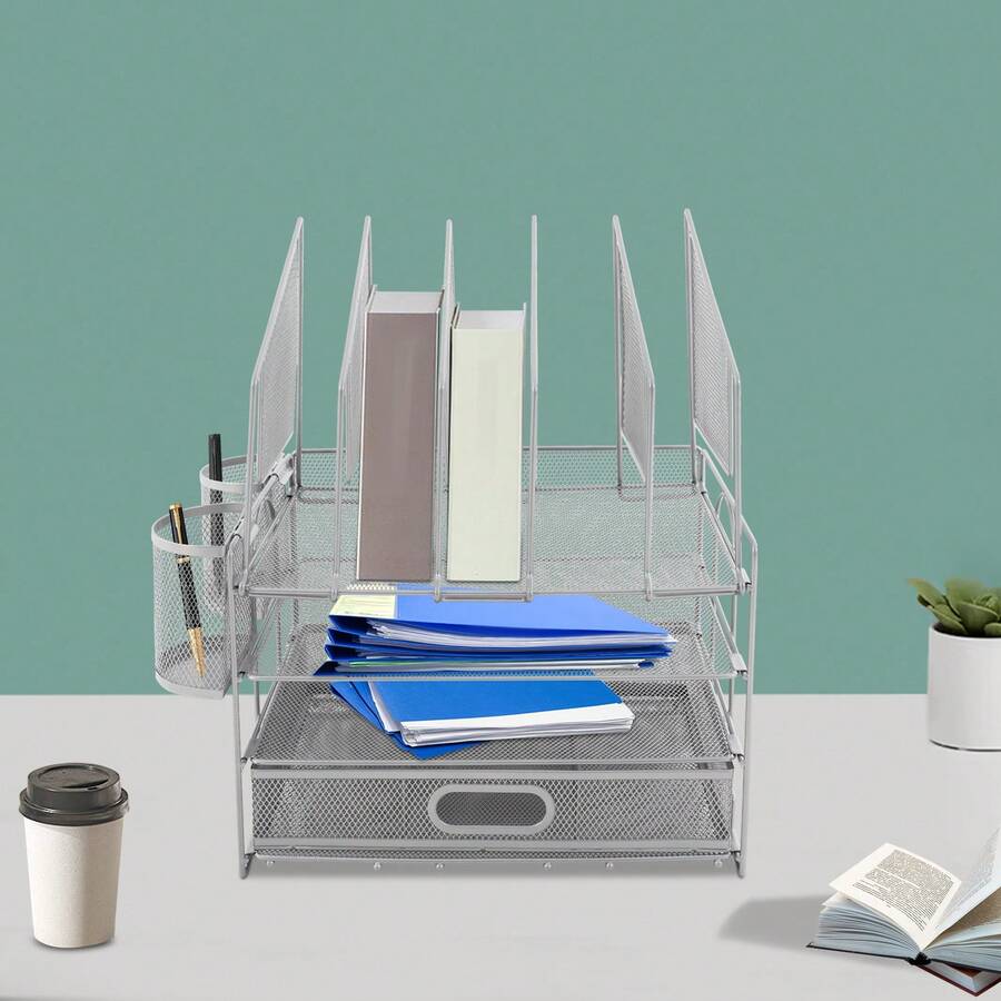 Schreibtisch-Organizer Mit Schubladen, Büro-Organizer, Aktenhalter Verschleißfest, Stoßfest Für Den Einsatz in Wohnzimmern, Schlafzimmern, Arbeitszimmern, Klassenzimmern, Bastelräumen, Ateliers, Bibliotheken - Silber - Übersicht 1