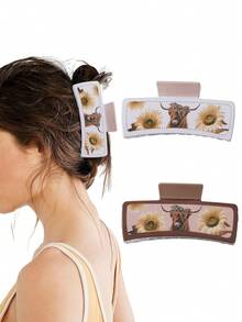 1 pezzo/2 pezzi Fermaglio per capelli a forma geometrica della serie cowgirl occidentale, accessorio per capelli casual da donna per raccolti, design a motivo di girasole e mucca, articolo versatile per autunno/inverno