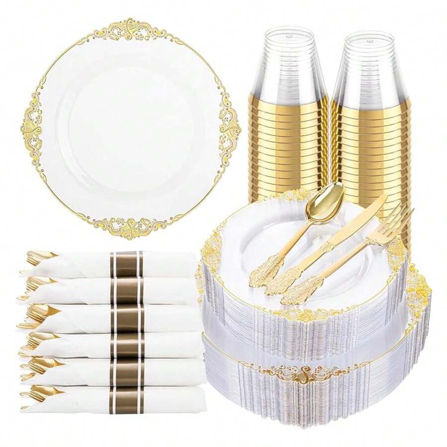 Clear Plastic Plates Disposable Set - 175pc Party Supplies For 25 Guests - As Picture/L - View 1
