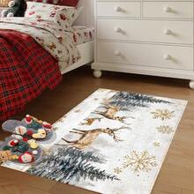 1 pièce Paillasson avec motif de renne de Noël, flocon de neige et sapin imprimé sur surface en fausse laine avec fond en TPR. Tapis de salle de bain, tapis de cuisine, tapis de buanderie, décoration de fête, décoration de maison, décoration de mariage, décoration de salle à manger