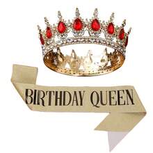 2 pièces/set Ensemble de couronne de strass en forme de larme pour anniversaire, couronne dorée reine d'anniversaire avec bretelle, accessoires pour cheveux joyeux anniversaire pour femmes, décorations de fête