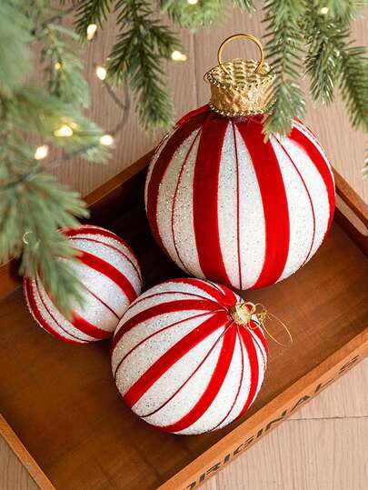 1 pieza Decoración navideña de globo aerostático a rayas rojas y blancas de terciopelo con adornos navideños de terciopelo con lentejuelas doradas para colgar en el árbol de Navidad, suministros para fiestas navideñas y decoración del hogar