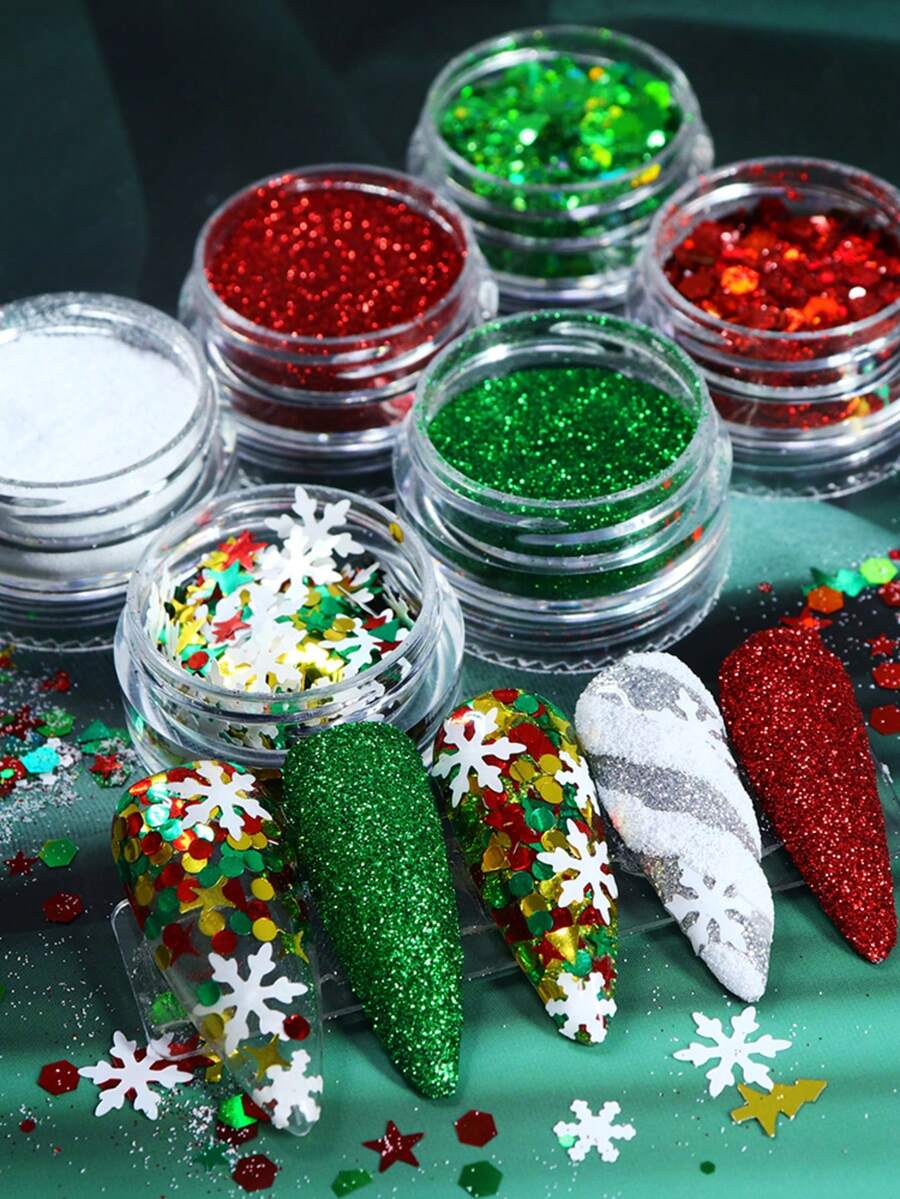 6pcs/Set Christmas Nail Art Glitter Mix, Christmas Tree, Star, Snowflake Sequins Nail Decorations, Winter