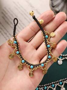 1 件复古波西米亚风格手工编织串珠脚链女款金银色编织铜和绿松石珠脚链异国风情脚铃饰品