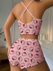 Sanrio 两件套女士三丽鸥Hello Kitty睡衣套装，夏季短裤+上衣家居服套装，春夏装，包含吊带背心和裤子，两件套，吊带睡衣套装 - 粉色 - 查看 5