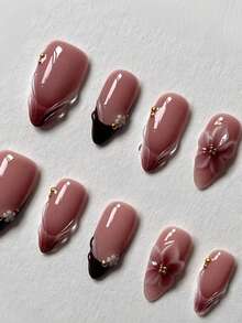 Uñas postizas hechas a mano, diseño de flor blanca 3D, forma de almendra mediana, base rosa nude con puntas burdeos, efecto de ola de agua 3D, uñas acrílicas falsas gruesas reutilizables, incluye: 1 pieza de esmalte de gel y 1 lima de uñas - Multicolor - Ver 2