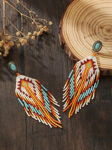 Handmade Boho Beaded Tassel Earrings, Vintage Style, Dark Vibe, White, Orange, Green Seed Bead Geometric Diamond Weave Pattern, Swaying Tassel Pendants, Metal Ear Studs, Elegant Beaded Earrings, Fashionable Accessory Suitable For Women, Vacation, Party, Casual Daily Wear, Versatile, Perfect Gift For Her