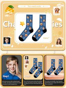 Meias personalizadas com rostos, rostos de animais de estimação, impressão personalizada do seu próprio rosto, rostos de amigos, meias personalizadas para meninos e meninas, meias com fotos personalizadas, meias com imagens, tamanho da imagem 44*25,2 cm, tamanho da meia 21*8,5 cm - Multicolorido - Ver 4