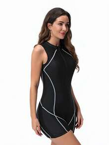 1 Piece Women's Fashion Slimming Surfing Swimsuit, Sexy Women's One Piece Swimsuit With Front Zipper For Diving And Surfing, Summer - 黑色 - 查看 3