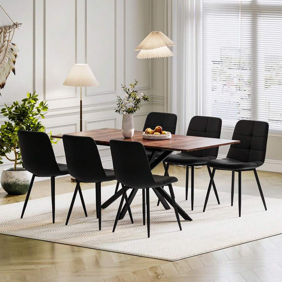 Jooli H Extendable Dining Table And Chairs Set Of 6, Easy Clean Rectangular Dining Table With Padded Chairs Durable Dining Furniture Set Suitable For Dining Room And Kitchen, Wood Grain Table With Linen Black Chairs