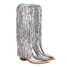 Women's Sparkly Metallic Fringed Fashion Boots Sequin Knee High Cowboy Boots Chunky Heels Pointed Toe Pull On Cowgirl Tassel Boots For Dress Wedding Party Country Music Festival For Women - Bạc - Xem 4